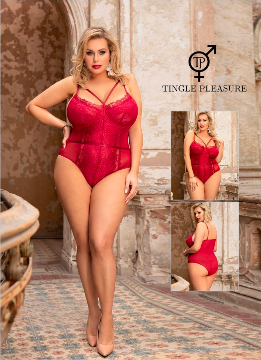 Red Openable Crotch Lace Bodysuit