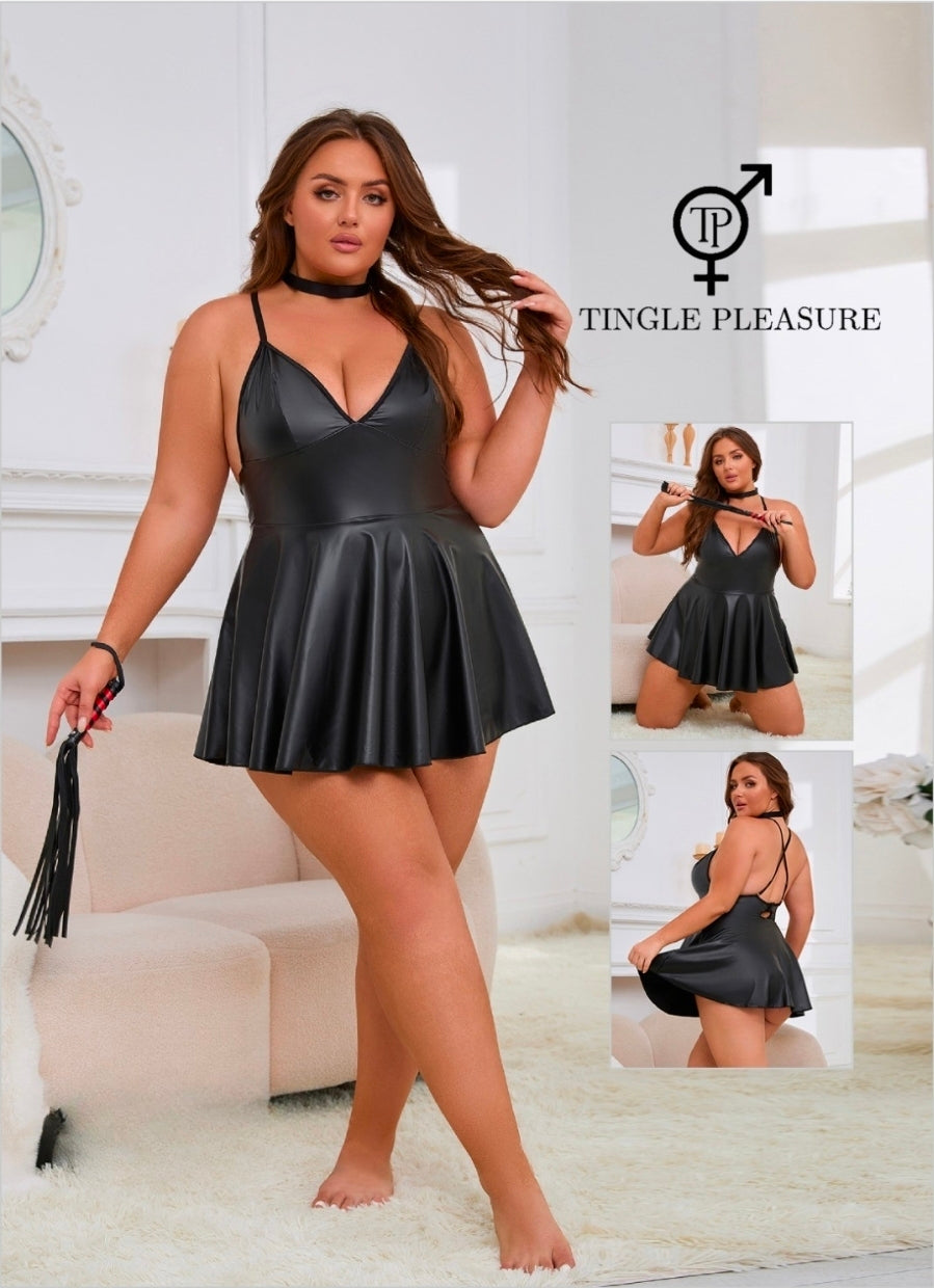 Black PU Leather Suspender Sexy Nightdress