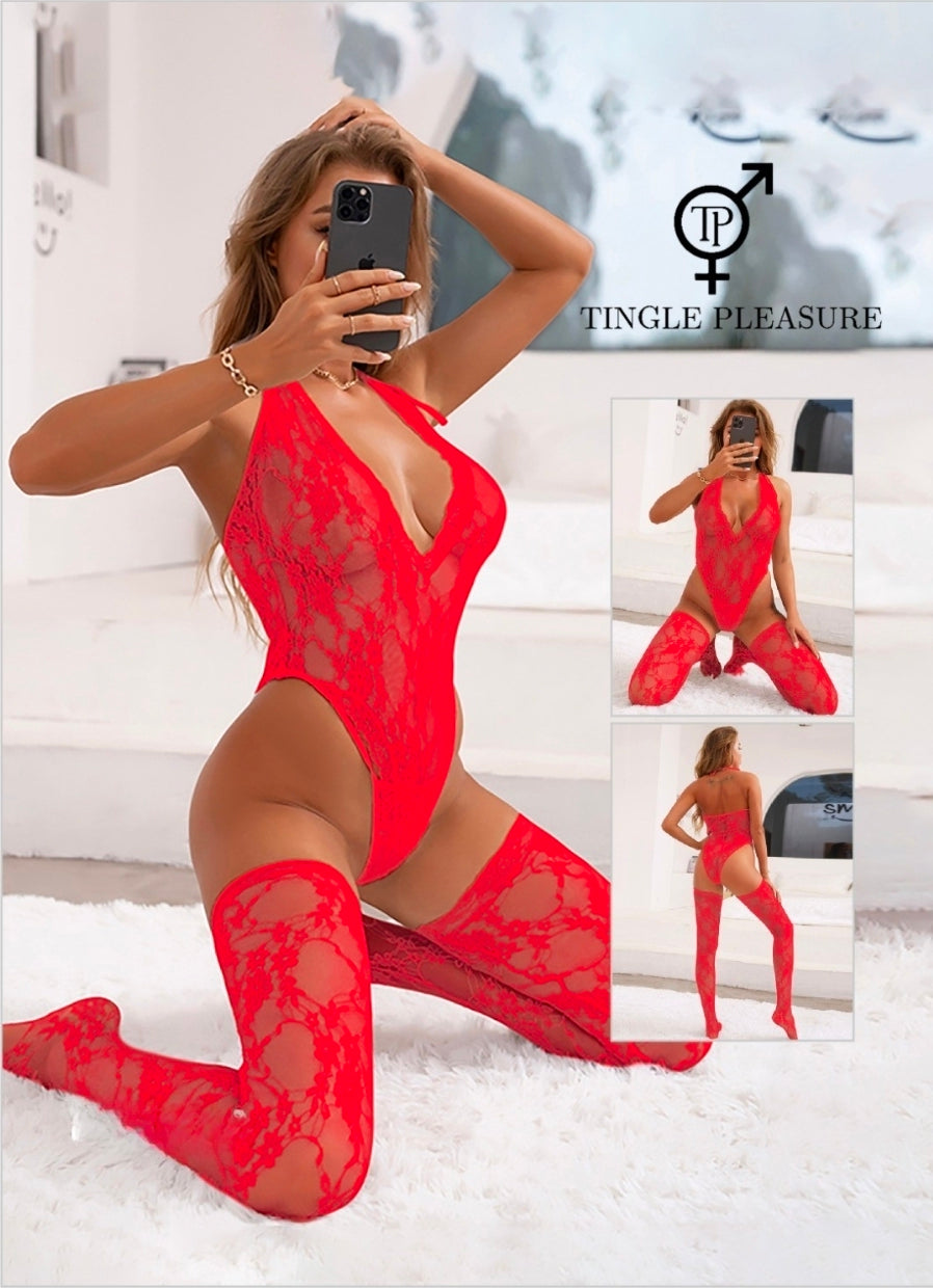 Plus Size Teddy Sexy Halter V Neckline Lace Lingerie with Stockings