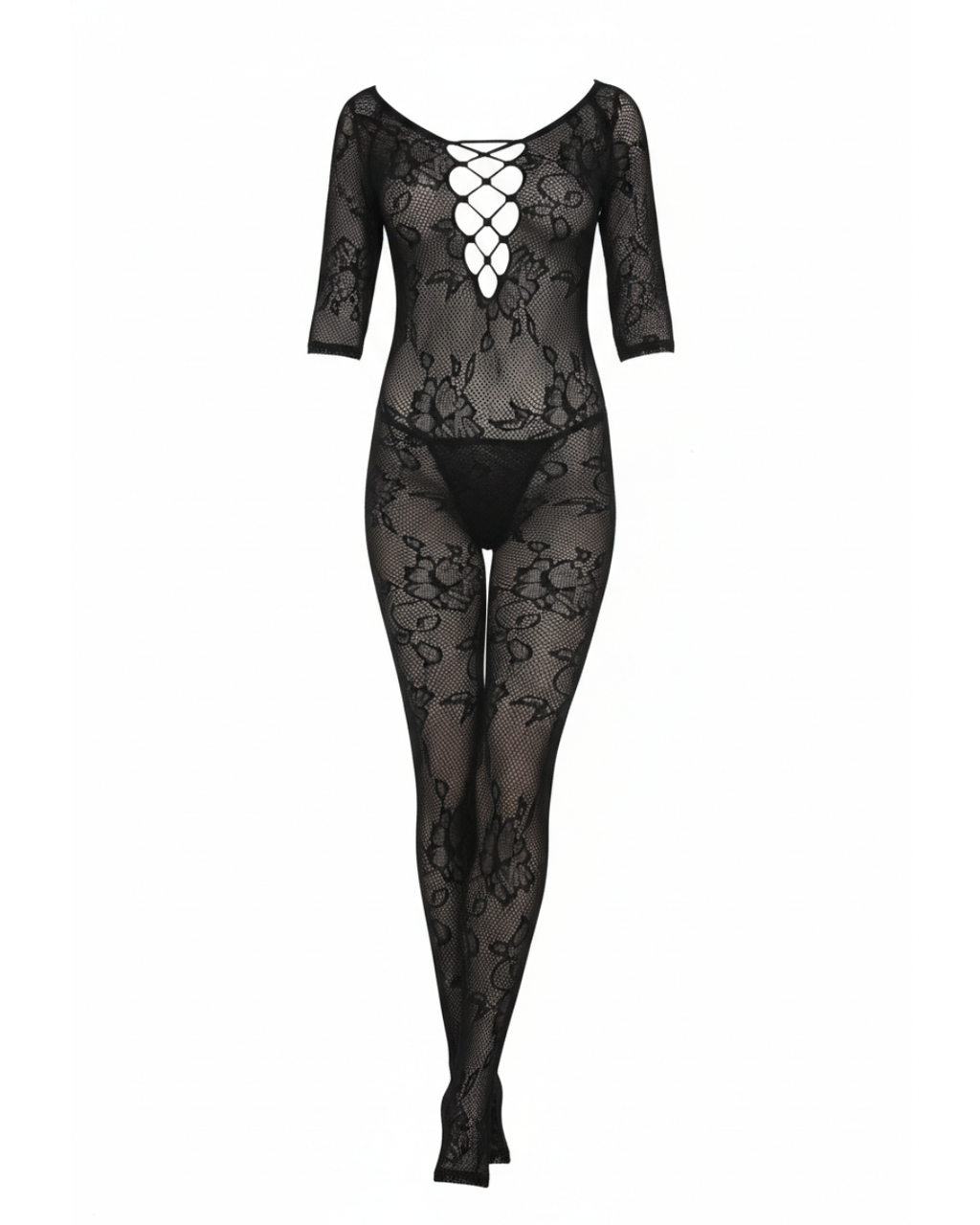 Open Crotch Black Pattern Lace Bodystockings