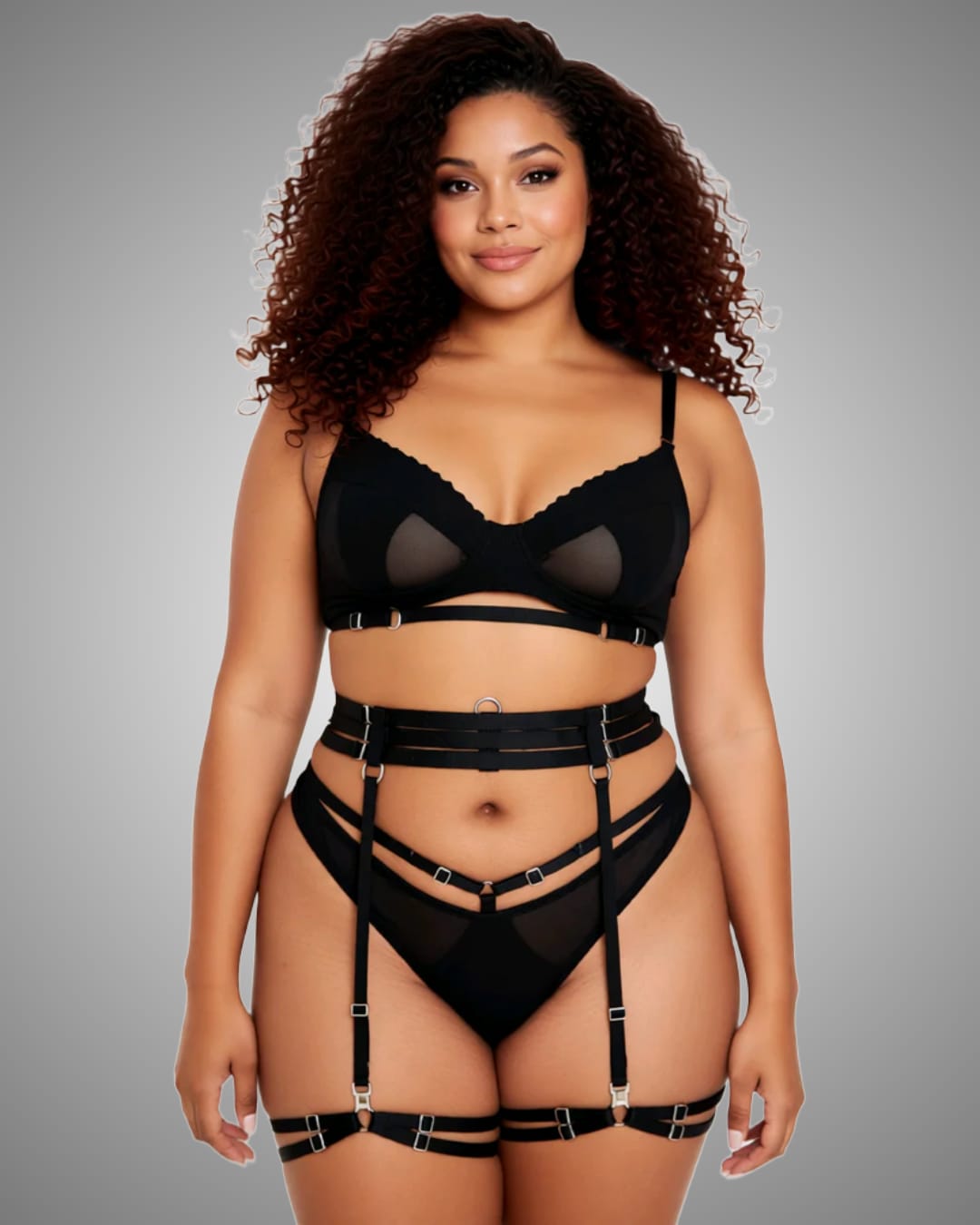 Mesh Black 3 Piece Lingerie Set
