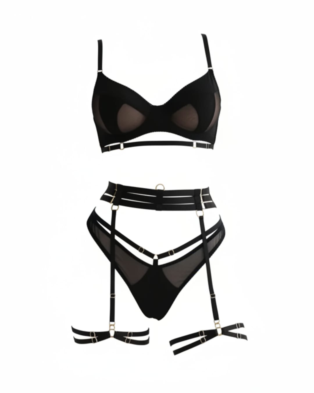 Mesh Black 3 Piece Lingerie Set