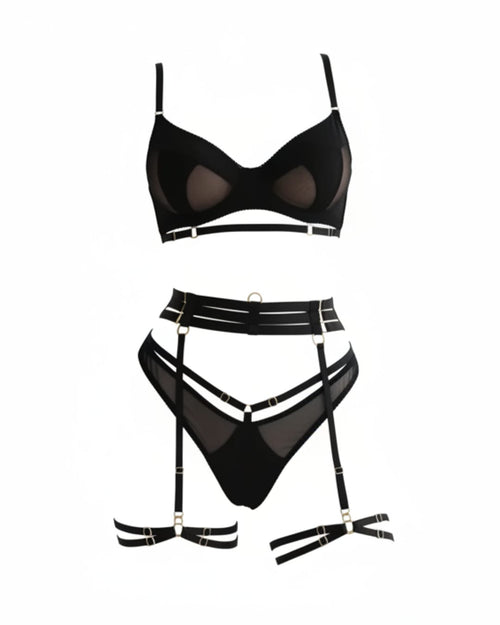 Black Sheer Mesh Underwire Lingerie Set with Garter Belt