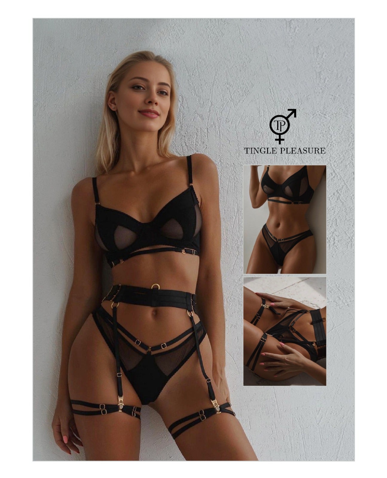 Black Sheer Mesh Underwire Lingerie Set with Garter Belt