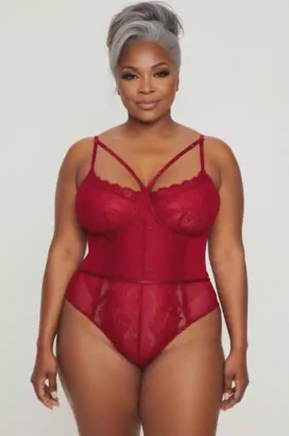 Red Openable Crotch Lace Bodysuit