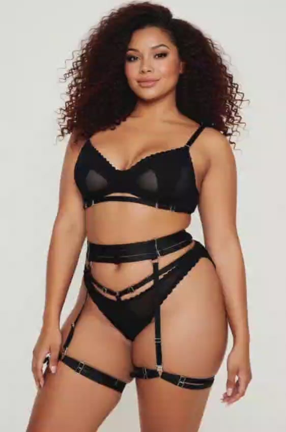 Mesh Black 3 Piece Lingerie Set