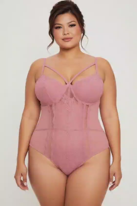 Bodysuit Without Underwire Pink Lace Openable Crotch Lingerie