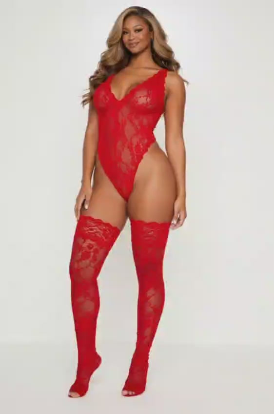 Plus Size Teddy Sexy Halter V Neckline Lace Lingerie with Stockings